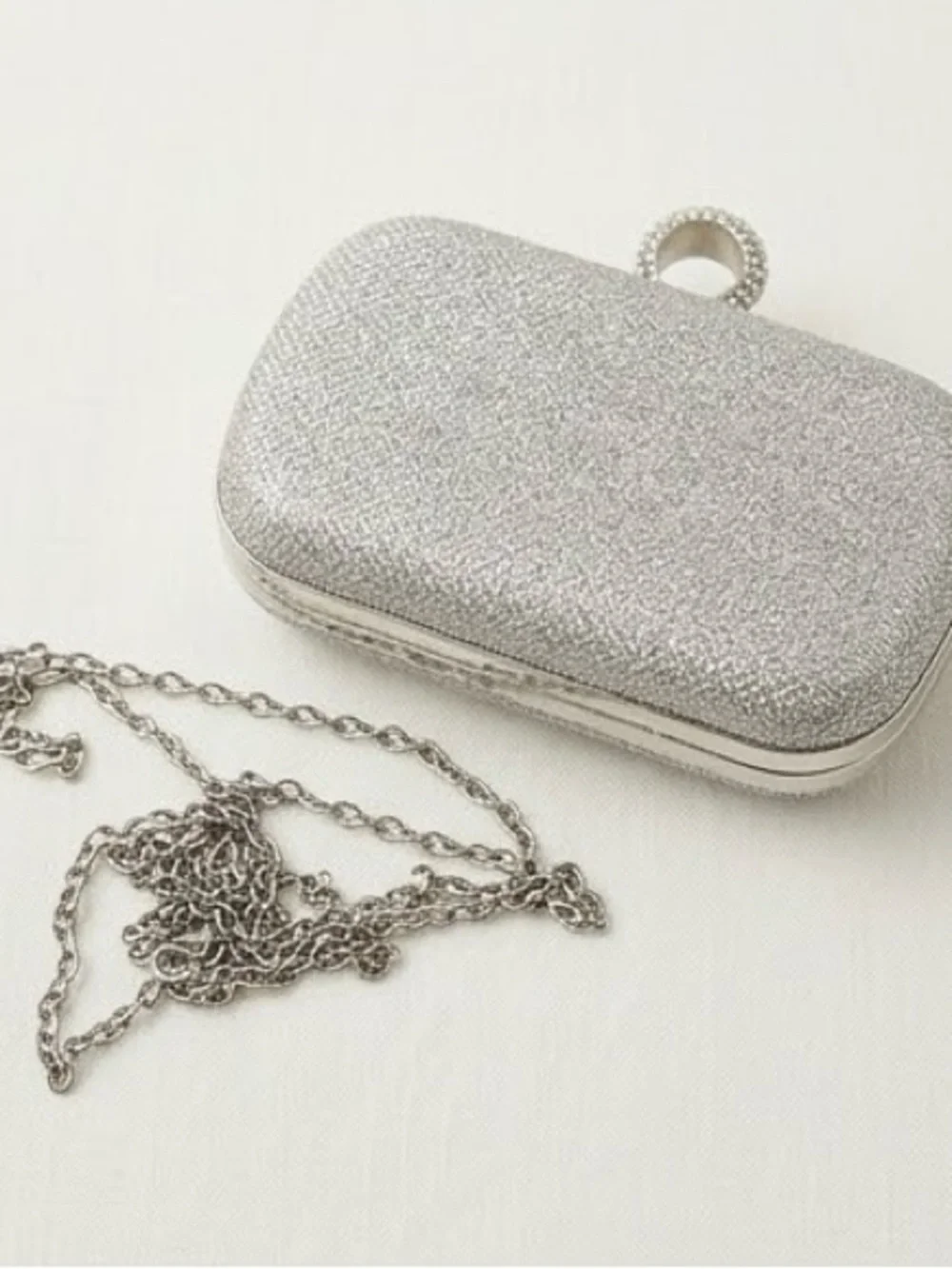 Silver Crystal-Ring Evening Clutch with Chain Strap